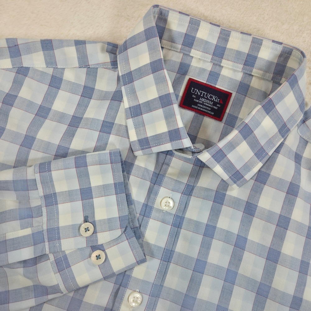 UNTUCKit Mens Shirt Guilan WF Slim Fit Medium Blue Plaid Wrinkle Free Cotton